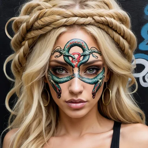 Prompt: Art portrait Graffiti art face blonde microbraided snake long medusa hair charachter revealing cleavage graffiti art face make up print sedusa adornment