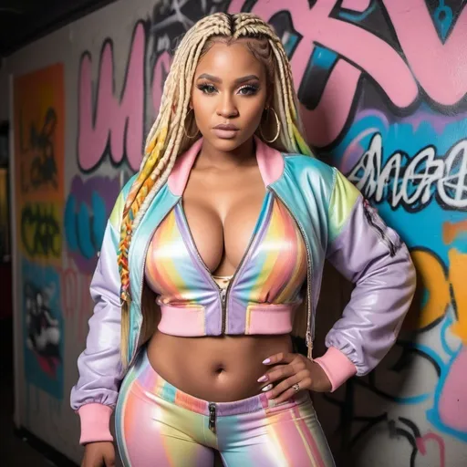 Prompt: A blonde rainbow pastel microbraided long hair revealing extra large cleavage wearing a 2 piece exotic night ware and a graffiti designed leathet bomber jacket 