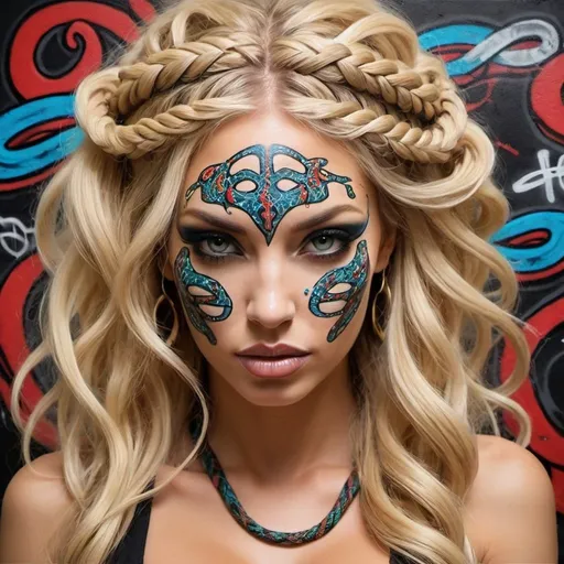 Prompt: Art portrait Graffiti art face blonde microbraided snake long medusa hair charachter revealing cleavage graffiti bold custom art face make up print sedusa adornment