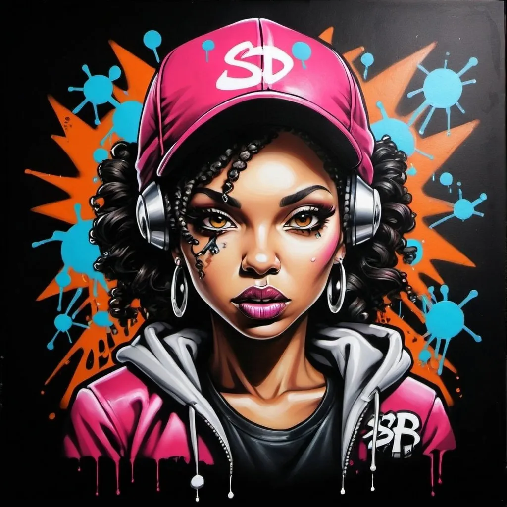 Prompt: A graffiti female charachter bomb hiphop custom art -Sedusa Adornment on black backround