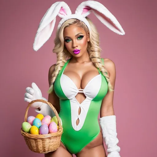 Prompt: Blonde rainbow ringlette pigtail hair green eyes nateral hip-hop character female with extra large revealing cleavage full lips wearing designer makeup and wearing a revealing exotic white Easter bunny costume and holding a Easter basket 