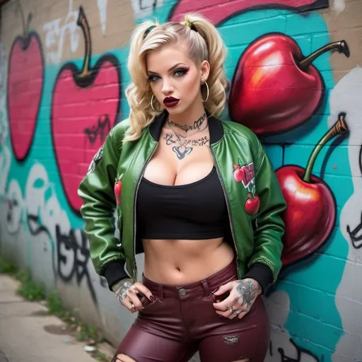 Prompt: Blonde ringlette pigtail hair green eyes tattoos revealing extra large cleavage full lips wearing designer makeup and tight pants with verticle slits in them graffiti leather bomber jacket medusa graffitti also eating a big cherry