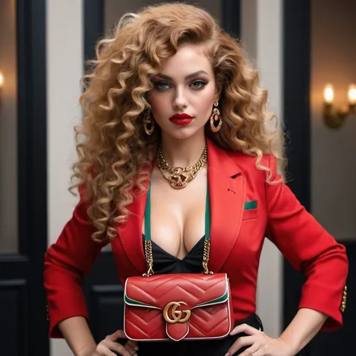 Prompt: I would like to create a beautiful woman with Auburn.Full sick curly hair  extra large cleavage and full red lipstick designer  gucci bag And gucci designer outfit