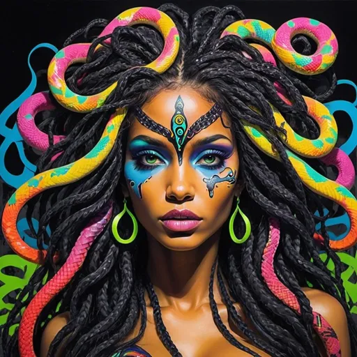 Prompt: Psycadelic Art portrait Color black and multi neon print page Graffiti art face microbraided snake long medusa hair charachter revealing cleavage graffiti art face make up print sedusa adornment