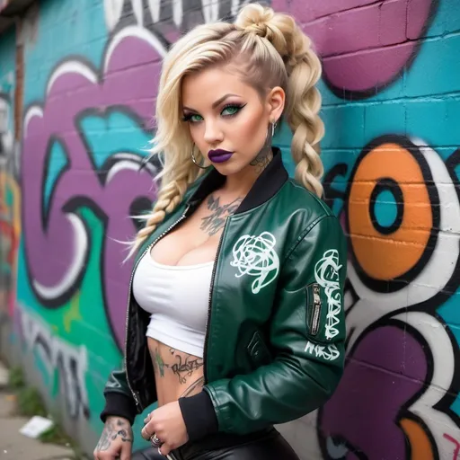 Prompt: Blonde ringlette pigtail hair green eyes also tattoos all over  revealing extra large cleavage full lips wearing designer makeup and tight pants with verticle slits in them graffiti leather bomber jacket medusa graffiti writong in white on jacket