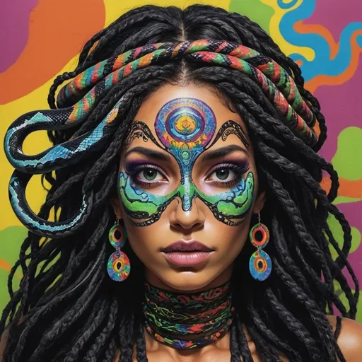 Prompt: Psycadelic hippy Art portrait Color black and bold pqstel print page Graffiti art face microbraided snake long medusa hair charachter revealing cleavage graffiti art face make up print sedusa adornment