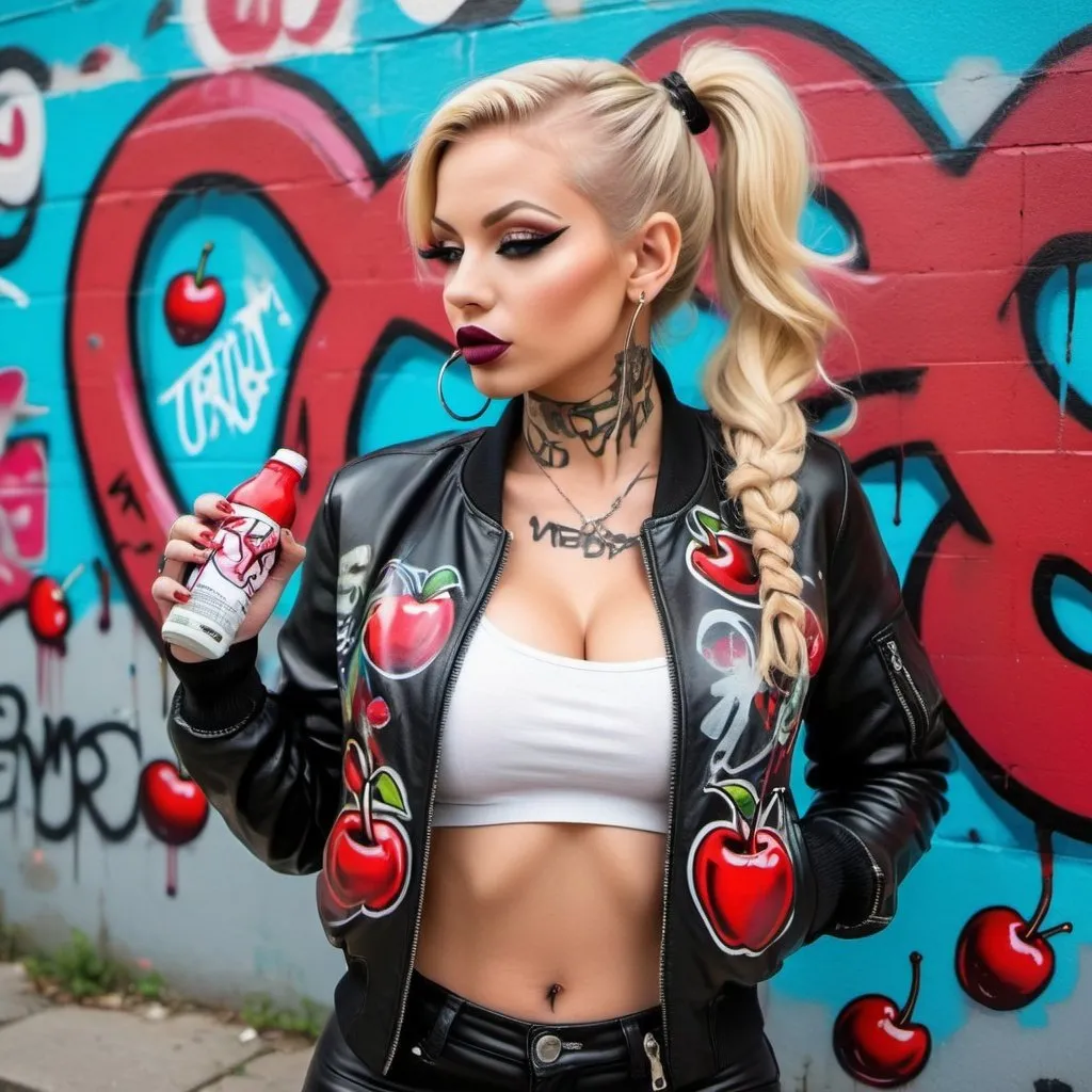 Prompt: Blonde ringlette pigtail hair tattoos revealing extra large cleavage full lips wearing designer makeup and tight pants with verticle slits in them graffiti art black leather bomber jacket medusa graffitti also eating a big cherry graffiti art bomber jacket sedusa