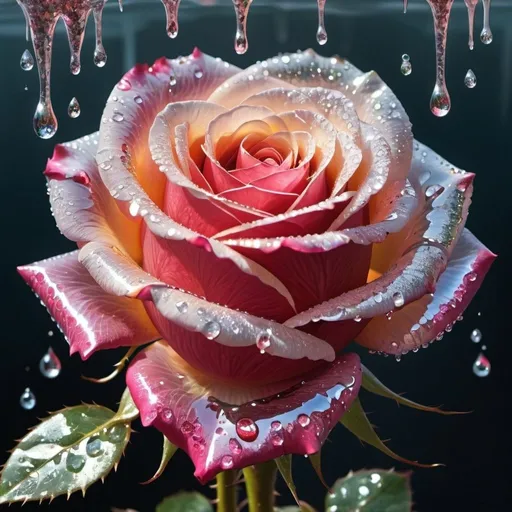 Prompt: A rose of a godlike light and brilliant detailed color with thorns of glittery dripping water and a hullucination 