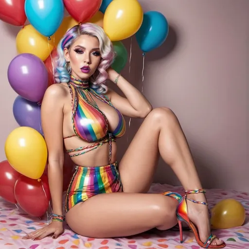 Prompt: Ballooms Lip shaped chrome Rainbow medusa microbraided blonde and rainbow hair revealing extra large cleavage full lips
with high heel shoes lip shaped balloons multicolored leather exotiv 2 piece nightwear outfit 