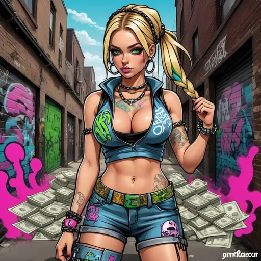 Prompt: cartoon charachture graffitti art blonde multicolored microbraided hair female with green eyes revealing extra large cleavage  money dollar bills and tight multicolored graffiti outfit and shoes multicolored pink blue gothic punk steam punk emo exotic classy gangster pose  original graffiti tech touch the street hustle balaclava friends muscle 
