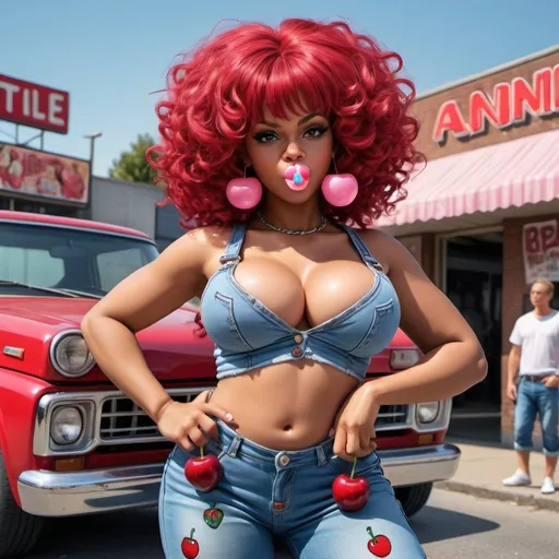 Prompt: Little Annie hip-hop character female with extra large revealing cleavage and holy freyed tight jeans chewing bubble gum and cherries 