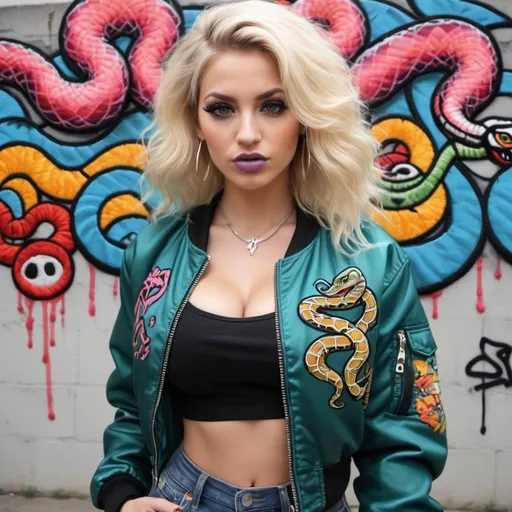 Prompt: blonde long multicolored medusq snake hair charachter revealing large cleavage wearing wearing Self portait graffiti charachter on a crop top and bomber jacket custom embroided- sedusa adornment