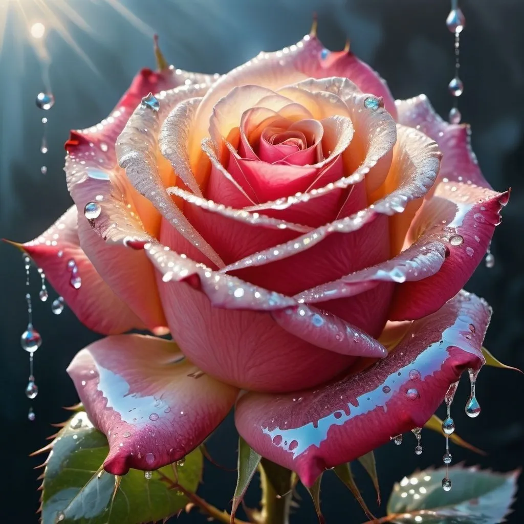 Prompt: A rose of a godlike light and brilliant detailed color with thorns of glittery dripping water and a hullucination expression of love and life 