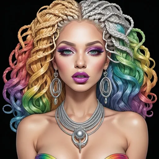 Prompt: Coloring page Lip shaped chrome Rainbow medusa microbraided blonde and rainbow hair revealing extra large cleavage full lips -Sedusa Adornment