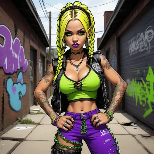 Prompt: A thug ghetto blonde cartoon characture multicolored microbraided hair female with green eyes revealing extra large cleavage wearing tight multicolored neon yellow and black purple graffiti outfit and shoes multicolored gothic punk steam punk emo exotic classy gangster pose  original graffiti tech touch hustle  graffiti 
