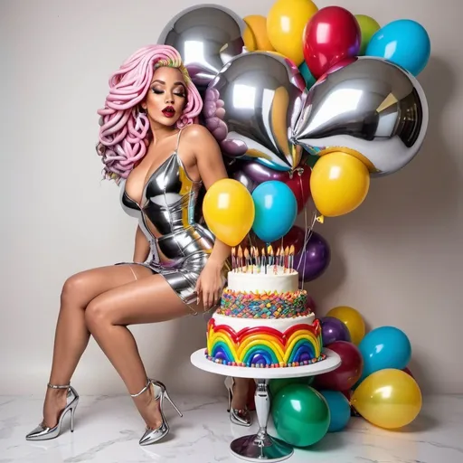 Prompt: boquets of chrome kiss lips balloons chrome Rainbow medusa microbraided blonde and rainbow hair revealing extra large cleavage full lips
with high heel shoes lip shaped balloons multicolored and climbing  outta the top of a birthday cake 