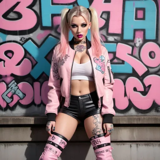 Prompt: Graffitti character blonde pigtails revealing extra large cleavage pastel pink leather exotic 2 piece outfit nightware gothic with tattoos and pink lipstick wearing a bomber jacket tattoos. Thigh high leather graffitti boots graffiti block letters Sedusa in white 