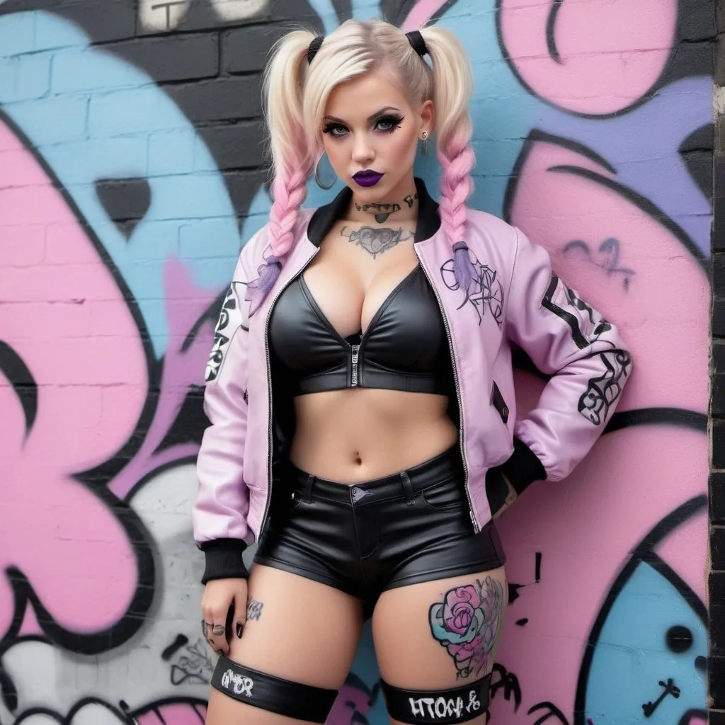 Prompt: Graffitti character blonde pink and black pigtails revealing extra large cleavage pastel purple graffitti leather exotic 2 piece outfit nightware gothic with tattoos and pink lipstick wearing a bomber jacket tattoos. Thigh high leather graffitti boots