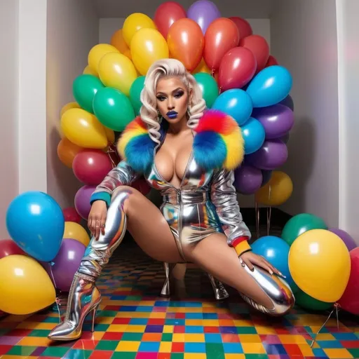 Prompt: Chrome Rainbow medusa microbraided blonde and rainbow hair revealing extra large cleavage full lips
with high heel shoes wearing a matching fur bomber jacket and enchanting revealing matching outfit exotic pose and a matching rainbow checkered floor and lip shaped multicolored shiney chrome balloons chrome shiney