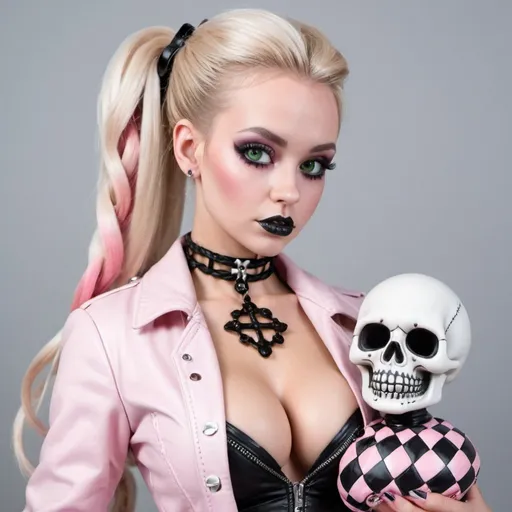 Prompt: Blonde female green eyes  micro braided updo wearing light pink checkered  and white leather outfit revealing extra large cleavage and carrying a designer gothic matching doll and candy skull art 