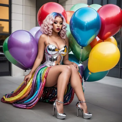 Prompt: Chrome Lip and heart shaped balloons chrome  Rainbow medusa microbraided blonde and rainbow hair revealing extra large cleavage full lips
with high heel shoes lip shaped balloons multicolored 