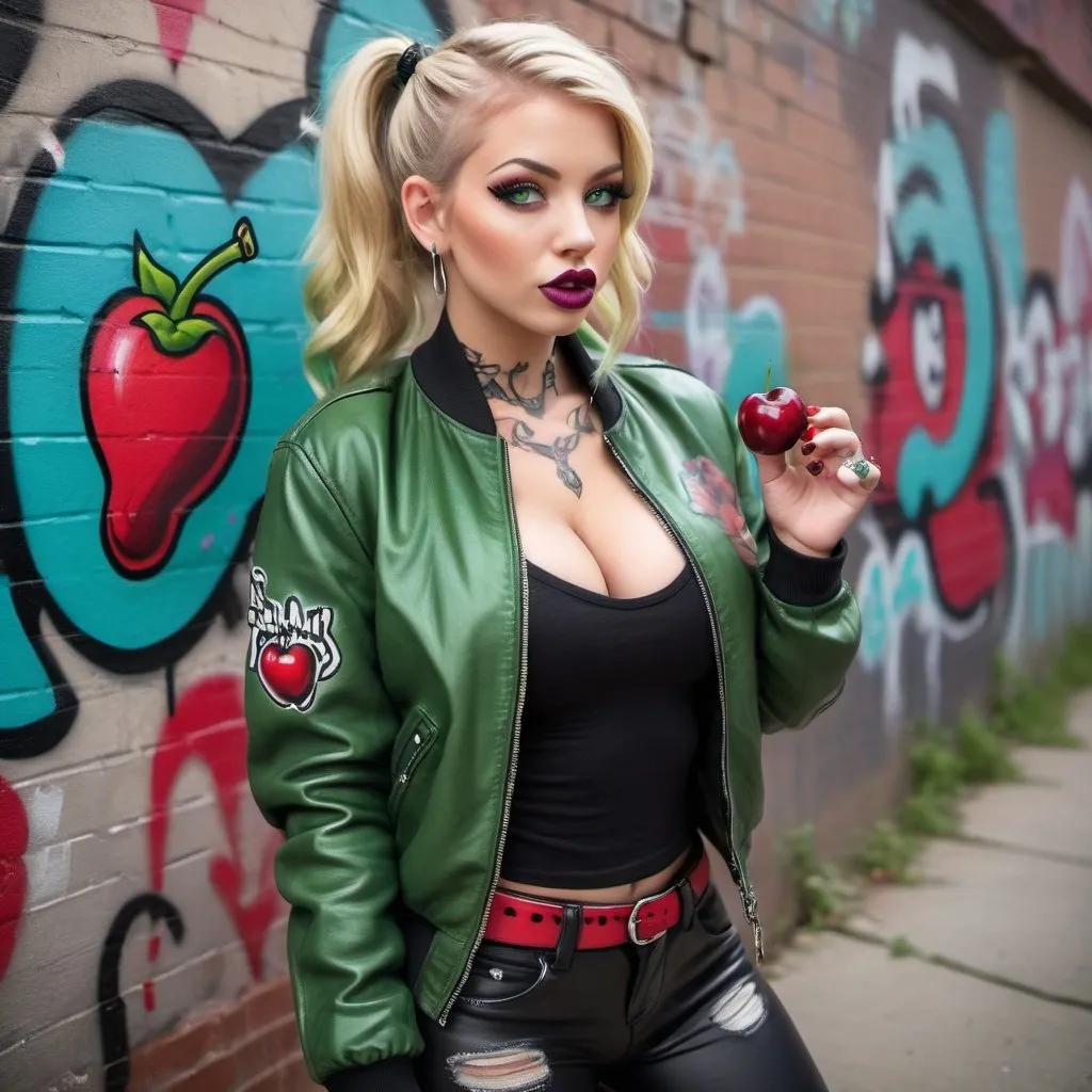 Prompt: Blonde ringlette pigtail hair green eyes tattoos revealing extra large cleavage full lips wearing designer makeup and tight pants with verticle slits in them graffiti leather bomber jacket medusa graffitti also eating a big cherry