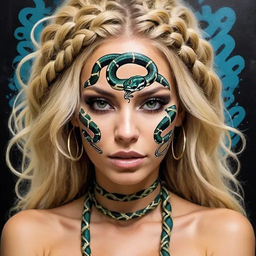 Prompt: Art portrait Graffiti art face blonde microbraided snake long medusa hair charachter revealing cleavage graffiti art face make up print sedusa adornment