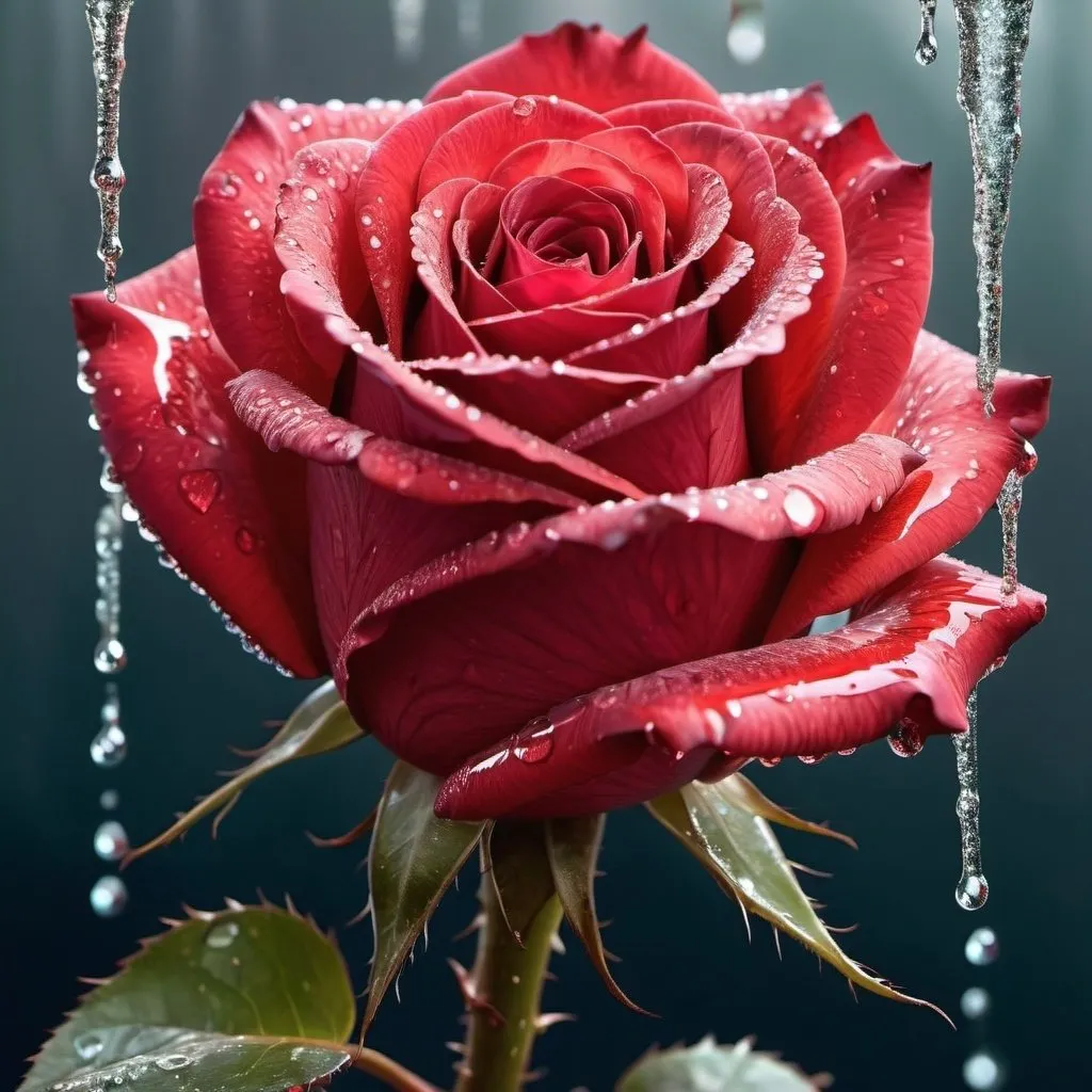 Prompt: A red  rose of a godlike light and brilliant detailed color with thorns of glittery dripping water and a hullucination expression of love and life 