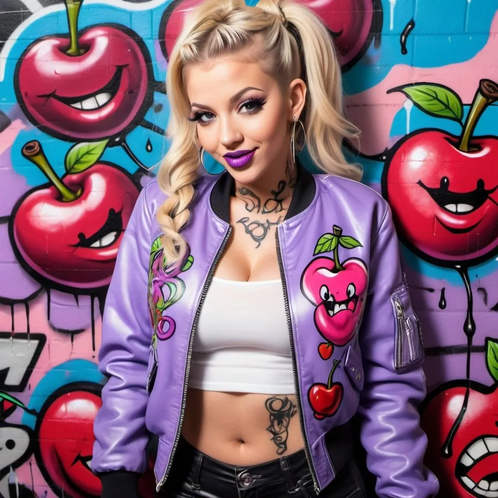 Prompt: Blonde ringlette pigtail hair tattoos revealing extra large cleavage full lips smilinhwearing designer makeup and tight pants with verticle slits in them graffiti art light purple leather bomber jacket medusa graffitti also eating a big cherries and lips graffiti art bomber jacket sedusa