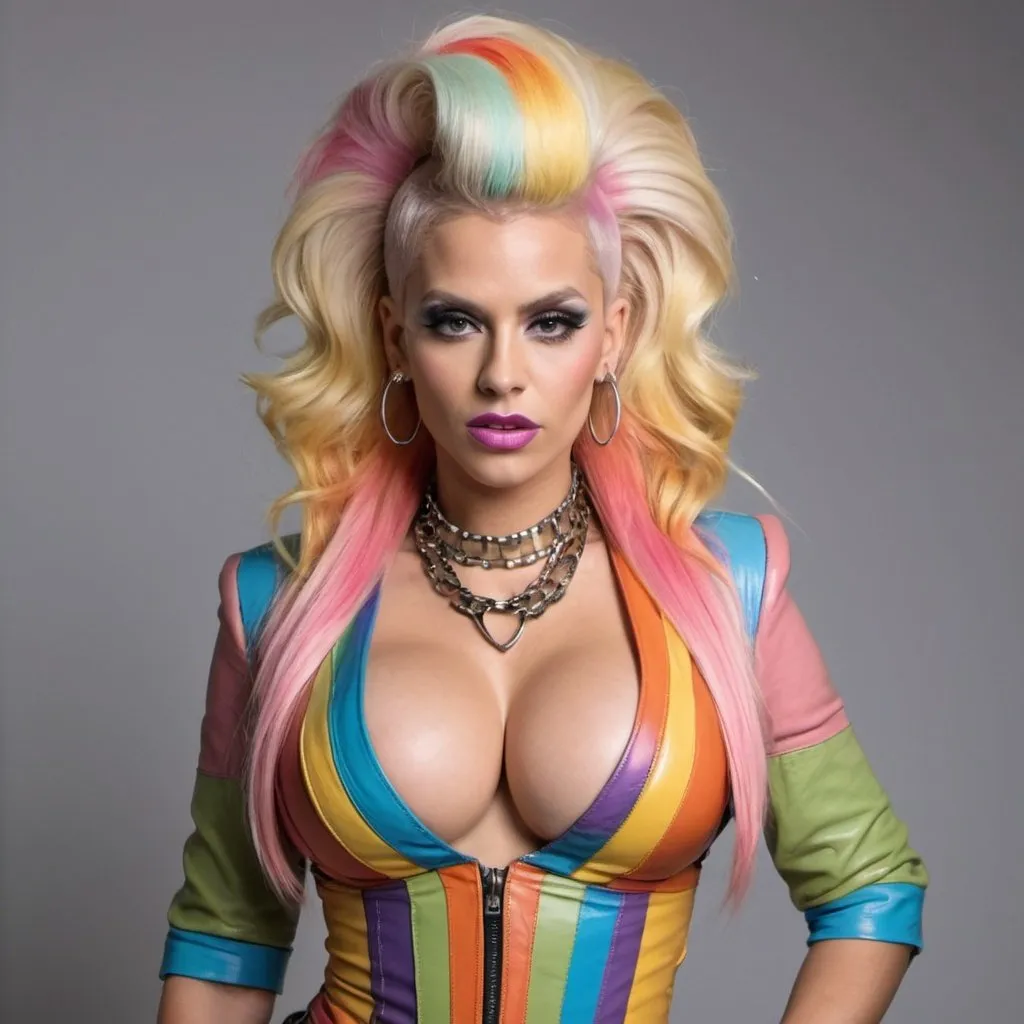 Prompt: A crazy phsyco killer designer hairdo pastel multicolored rainbow blonde wearing a leather exotic outfit and revealing extrodinarily extra 
large cleavage 