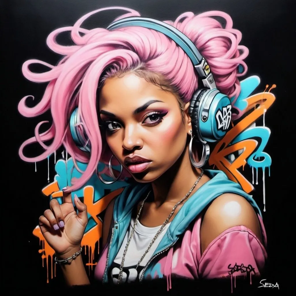 Prompt: A graffiti female charachter bomb hiphop custom pastel art -Sedusa Adornment on black backround