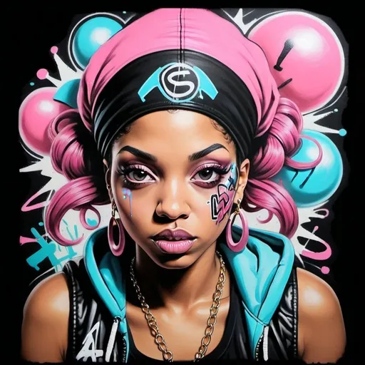 Prompt: A graffiti female charachter bomb hiphop custom pastel art -Sedusa Adornment on black backround