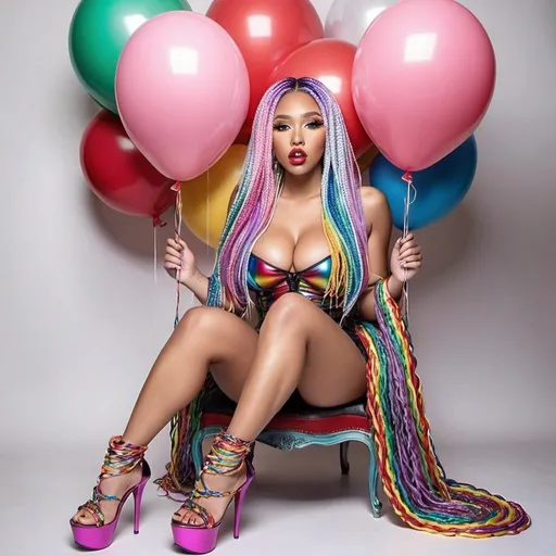 Prompt: Ballooms Lip shaped chrome Rainbow medusa microbraided blonde and rainbow hair revealing extra large cleavage full lips
with high heel shoes lip shaped balloons multicolored 