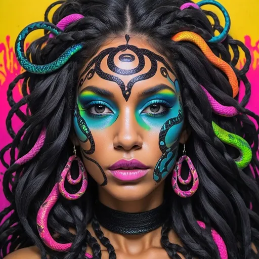 Prompt: Psycadelic Art portrait Color black and multi neon print page Graffiti art face microbraided snake long medusa hair charachter revealing cleavage graffiti art face make up print sedusa adornment