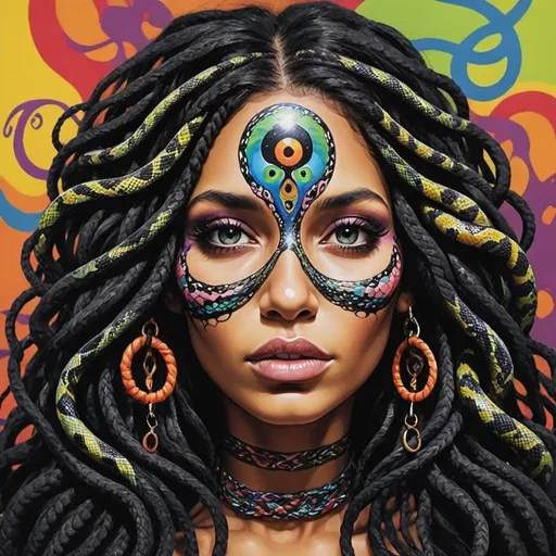 Prompt: Psycadelic hippy Art portrait Color black and bold pqstel print page Graffiti art face microbraided snake long medusa hair charachter revealing cleavage graffiti art face make up print sedusa adornment