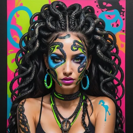 Prompt: Art portrait Color black and multi neon print page Graffiti art face microbraided snake long medusa hair charachter revealing cleavage graffiti art face make up print sedusa adornment