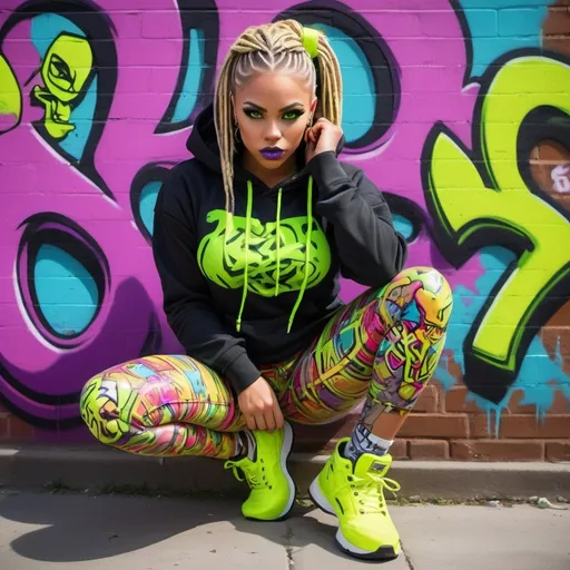 Prompt: Cartoon grafiti characture A thug ghetto blonde cartoon characture multicolored microbraided hair female with green eyes  and neon yellow neon purple revealing extra large cleavage wearing tight multicolored neon graffiti outfit and shoes multicolored gothic punk steam punk emo exotic classy gangster pose  original graffiti tech touch hustle balaclava face mask psycotic friends muscle  fierce lion graffiti wall behind 
