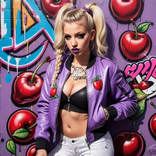 Prompt: Blonde ringlette pigtail hair tattoos revealing extra large cleavage full lips wearing designer makeup and tight pants with verticle slits in them graffiti art light purple leather bomber jacket medusa graffitti also eating a big cherries and lips graffiti art bomber jacket sedusa