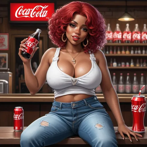 Prompt: Little Annie hip-hop character female with extra large revealing cleavage and holy freyed tight jeans drinking a coke