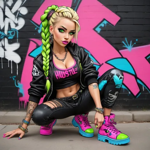 Prompt: A thug ghetto blonde cartoon characture multicolored microbraided hair female with green eyes revealing extra large cleavage wearing tight multicolored neon pink and black neon yellow and neon blue graffiti outfit and shoes graffiti  steam punk emo exotic classy gangster pose  original graffiti tech touch hustle  graffiti 
