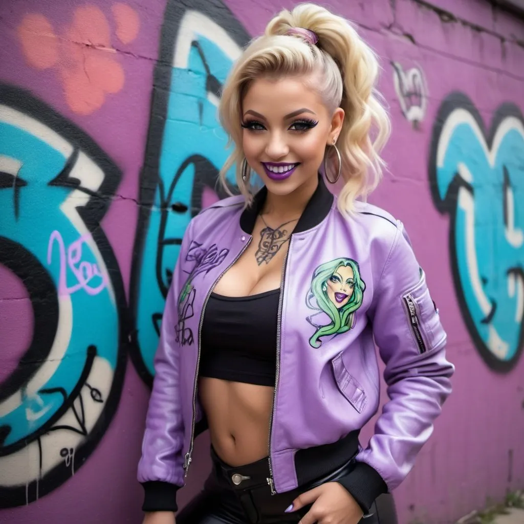 Prompt: Blonde ringlette pigtail hair tattoos revealing extra large cleavage full lips smiling wearing designer makeup and tight pants with verticle slits in them graffiti art light purple leather bomber jacket medusa - sedusa adornment