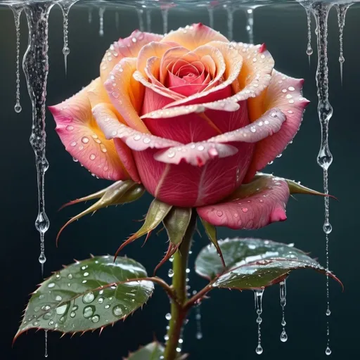 Prompt: A rose of a godlike light and brilliant detailed color with thorns of glittery dripping water and a hullucination 