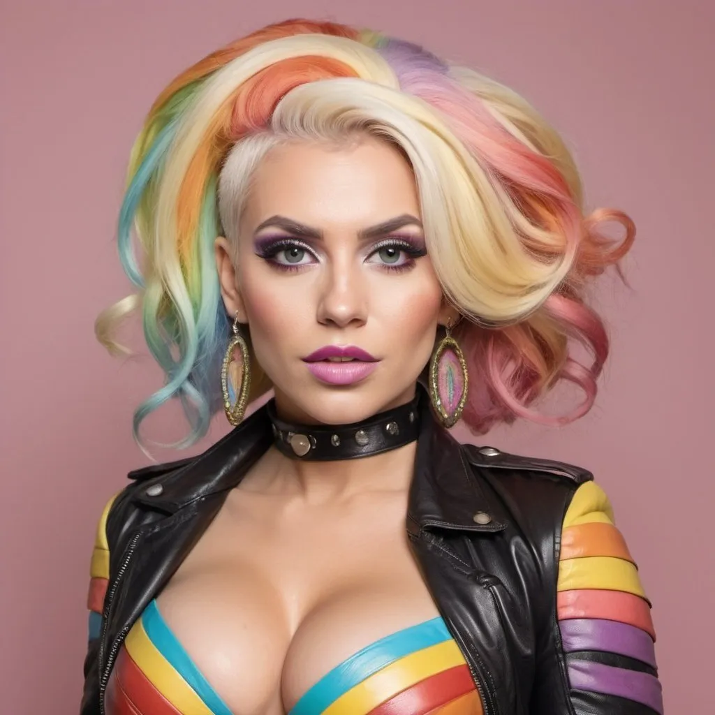 Prompt: A creative phsyco killer custom look designer hairdo pastel multicolored rainbow blonde wearing a leather exotic outfit and revealing extrodinarily extra 
large cleavage 
