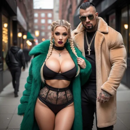 Prompt: Blonde ringlette pigtail hair nateral hip-hop human female with extra large revealing cleavage full lips wearing designer makeup and holy freyed tight outfit fur coat high heels on a date with a muscular tattooed dark haired green eyed man