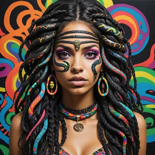 Prompt: Psycadelic hippy Art portrait Color black and bold pqstel print page Graffiti art face microbraided snake long medusa hair charachter revealing cleavage graffiti art face make up print sedusa adornment