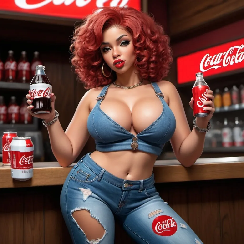 Prompt: Little Annie hip-hop character female with extra large revealing cleavage and holy freyed tight jeans drinking a coke