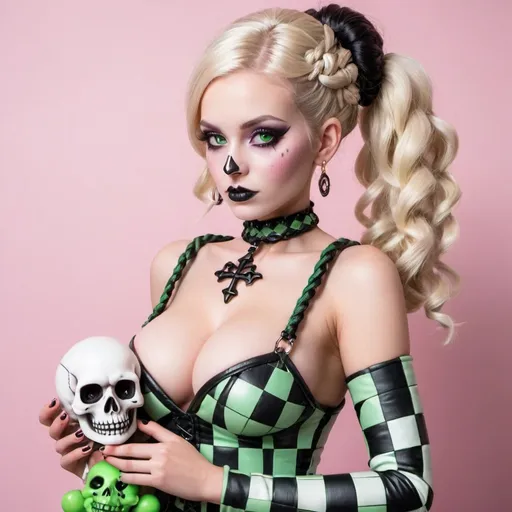 Prompt: Blonde female green eyes  micro braided updo wearing light pink checkered  and white leather outfit revealing extra large cleavage and carrying a designer gothic matching doll and candy skull art 