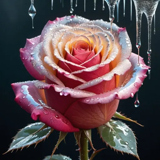 Prompt: A rose of a godlike light and brilliant detailed color with thorns of glittery dripping water and a hullucination 