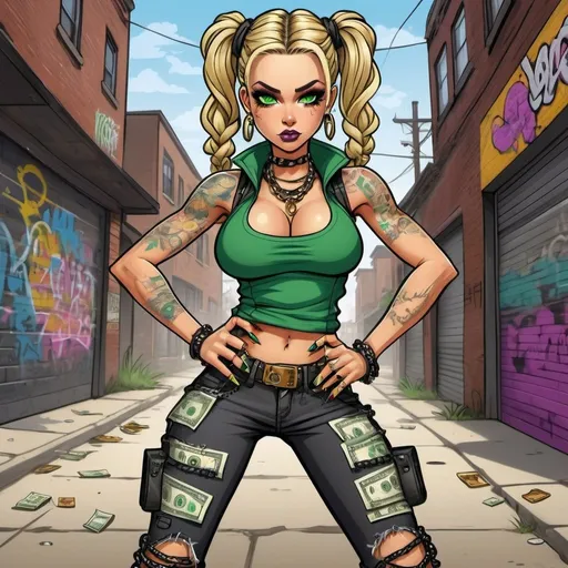 Prompt: A thug ghetto blonde cartoon characture multicolored microbraided hair female with green eyes revealing extra large cleavage  money dollar bills and tight multicolored graffiti outfit and shoes multicolored gothic punk steam punk emo exotic classy gangster pose  original graffiti tech touch the street hustle balaclava friends muscle 
