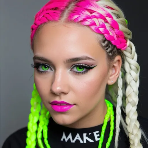 Prompt: Black and white photo microbraided blonded hair with neon pink and neon green graffiti make up